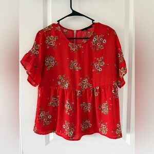 Red Floral Short Sleeve Peplum Top